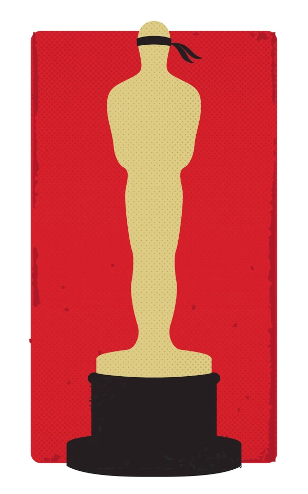 Graphic illustration of the Oscar statuette with a blindfold on.. Illustration by Alexandra Cohn, Conceptual, 
