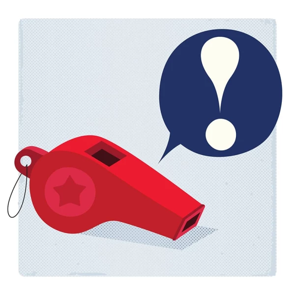 Graphic illustration of a red whistle emitting an excalmation point. Illustration by Alexandra Cohn, Conceptual, 