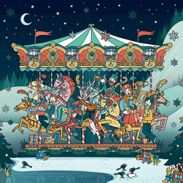 Illustration of a winter scene with an elaborate carousel.. Illustration by Allan Deas, Decorative, Whimsical, Lifestyle, Children, 