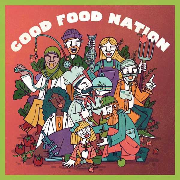 Illustration of a group of people with occupations including fisherman, farmer, scientist, chef with different foods.. Illustration by Allan Deas, Figurative, Lifestyle, Food & Beverage, 