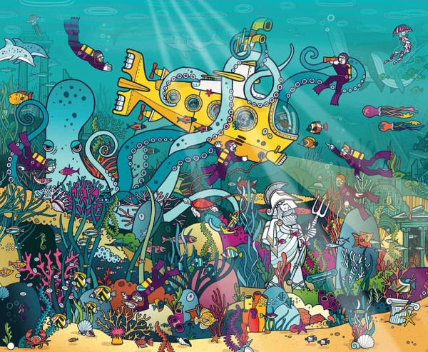 Illustration of a world under the ocean with a yellow submarine, giant octopus, sunken artifacts, coral and fish. Illustration by Allan Deas, Nature, Whimsical, Fantasy, Children, 