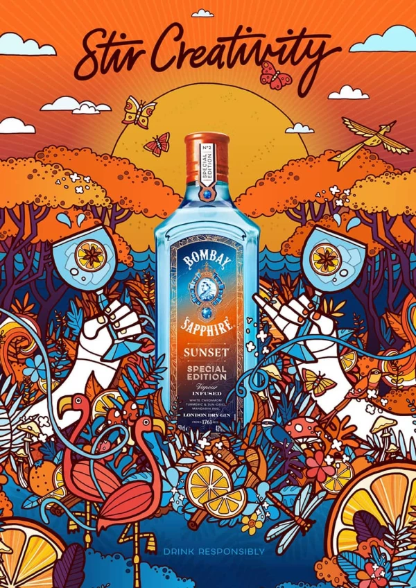 Illustration of two hands drinking cocktails admist flora and fauna, advertising Bombay Sapphire Sunset gin. Tagline: Stir Creativity. Illustration by Allan Deas, Decorative, Whimsical, Food & Beverage, Lifestyle, Business, 