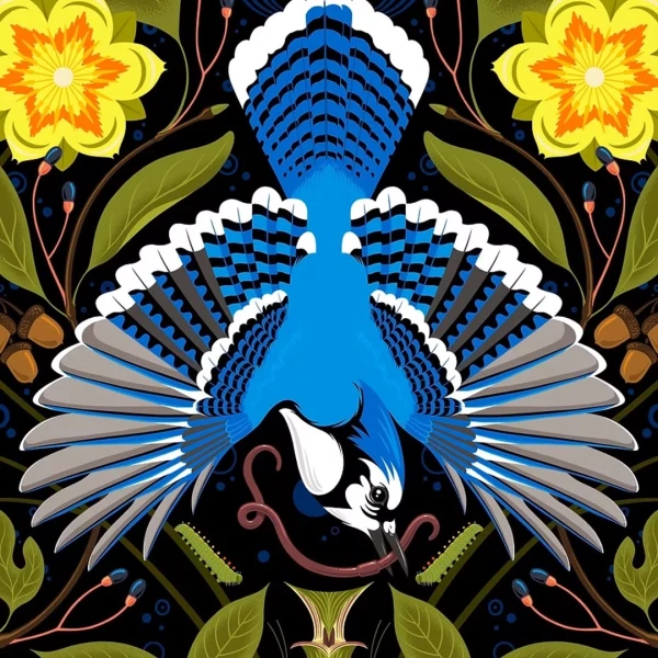 Graphic illustration of a bluejay with it's wings spread amid a lush, verdant landscape.