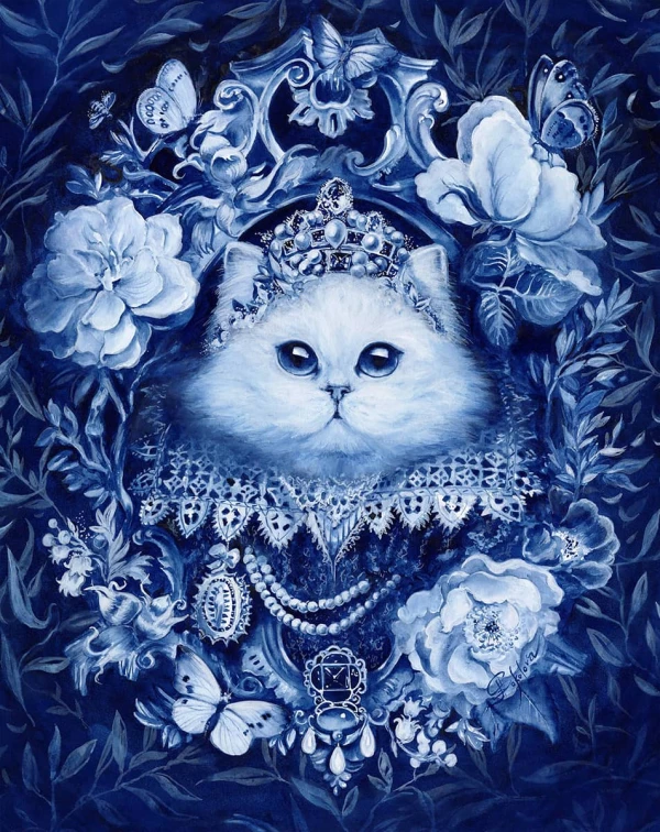 Illustration of a white cat wearing a lace ruff, tiara and jewels surrounded by flowers.. Illustration by Anna Sokolova, Fantasy, Decorative, Whimsical, Nature, 