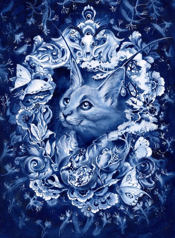 Illustration of an exotic cat surrounded by elaborate flora and fauna. Illustration by Anna Sokolova, Decorative, Fantasy, Whimsical, Nature, 