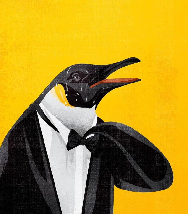 Illustration of a penguin dressed in a tuxedo and sweating profusely. Illustration by Benedetto Cristofani, Conceptual, Nature, Whimsical, 
