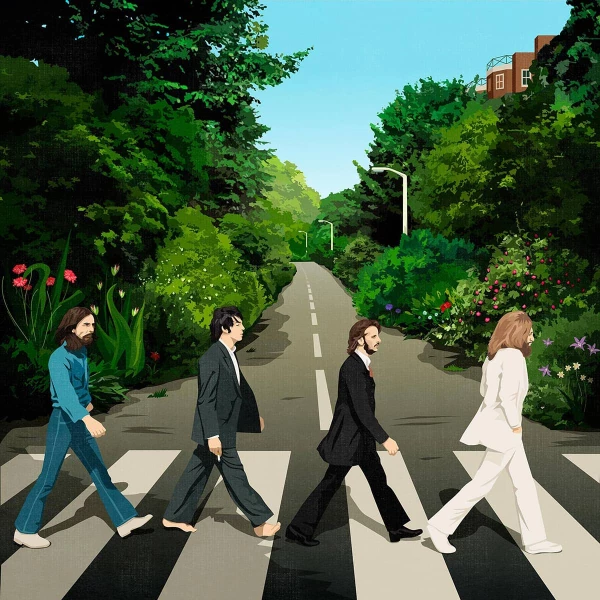 Illustration of the Beatles’s Abbey Road album but the background is lush, greenery. Illustration by Benedetto Cristofani, Nature, Lifestyle, Portrait, 
