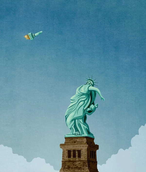 Illustration of the Status of Liberty throwing her torch. Illustration by Benedetto Cristofani, Conceptual, 