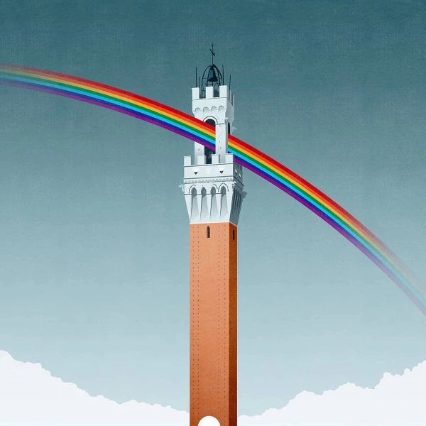 Illustration of a very tall tower with a rainbow shining through the top window. Illustration by Benedetto Cristofani, Whimsical, Conceptual, 