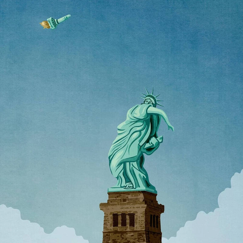 Illustration of the Status of Liberty throwing her torch. Illustration by Benedetto Cristofani, Conceptual,