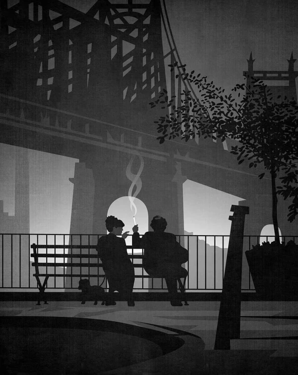 Illustration of a couple smoking a joint while sitting on a bench in front of the Brooklyn Bridge. Illustration by Benedetto Cristofani, Lifestyle, 