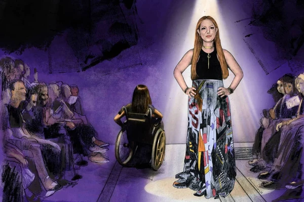 Portrait of Mindy Scheier on a fashion runway with a person in a wheelchair turning away. Illustration by Brian Lutz, Portrait, 