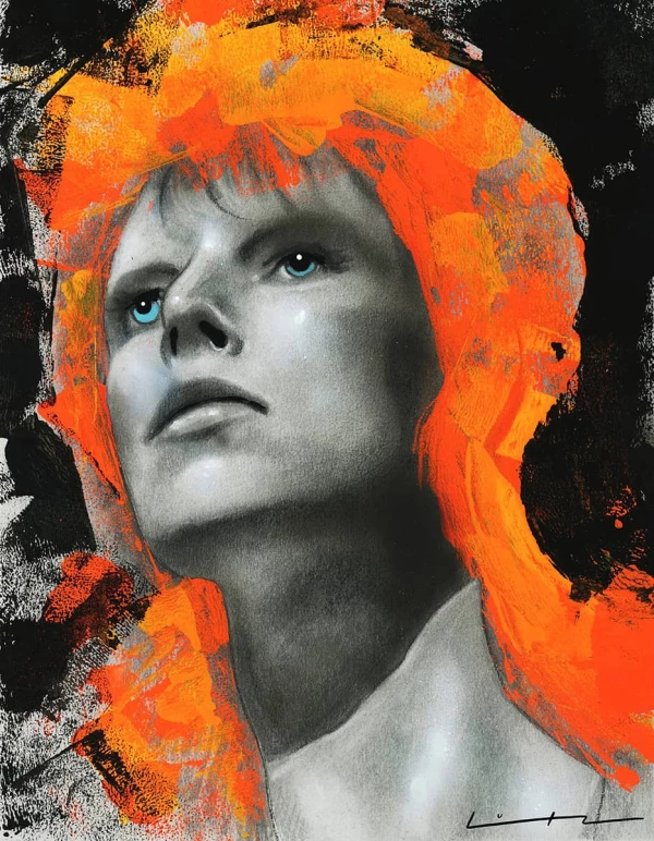 Portrait of David Bowie with orange hair. Illustration by Brian Lutz, Portrait, 
