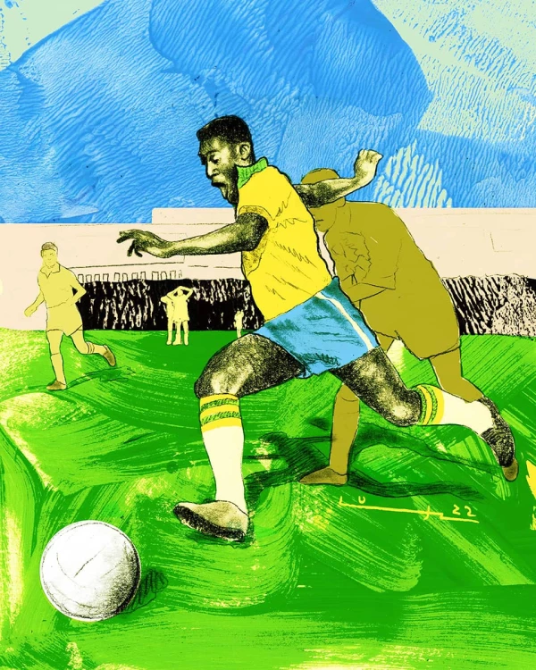 Portrait of sports legend Pele about to kick a soccer ball. Illustration by Brian Lutz, Portrait, Sports, 