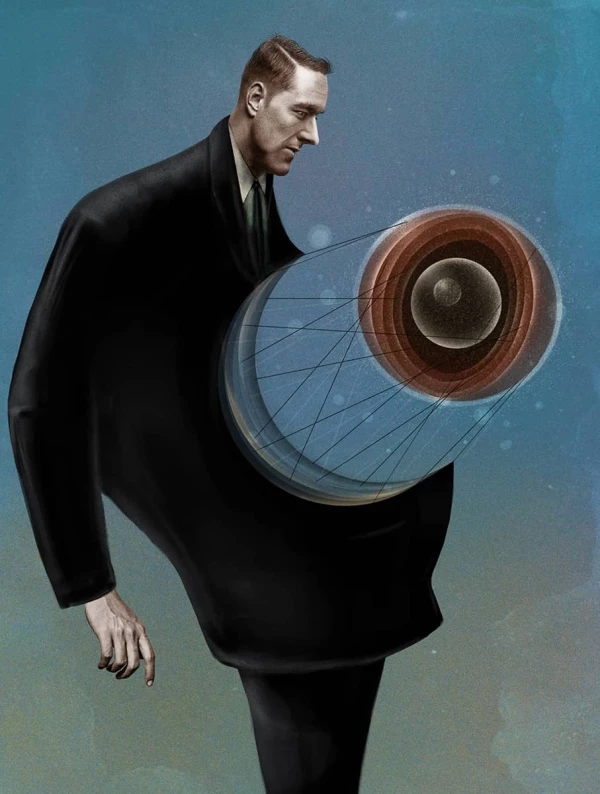 Illustration of a man in a suit and a huge chunk of his torso is detatched and orbitting above him. Illustration by Charlie Padgett, Conceptual, 