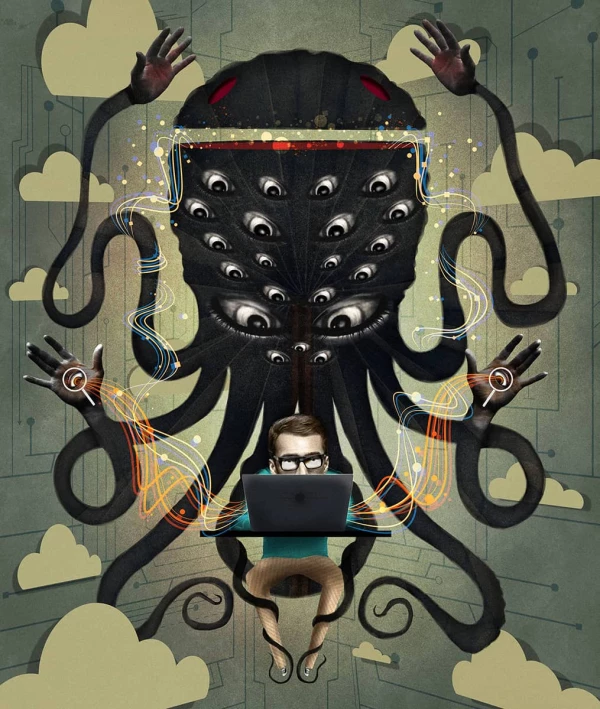 Illustration of a giant tentacled monster with many eyes, peering over the shoulder of a man on a laptop.. Illustration by Charlie Padgett, Conceptual, 