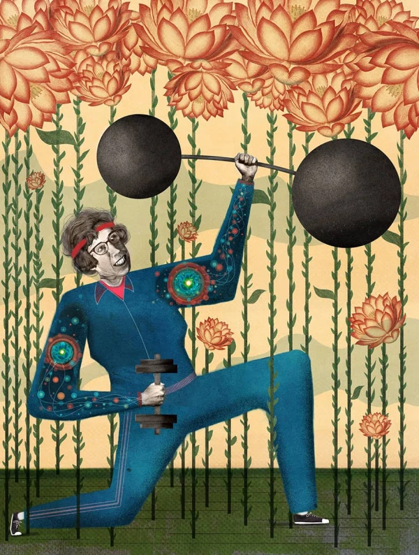 Illustration of an older woman dressed in a blue jumpsuit holding a large barbell and a handweight amid a floral background.. Illustration by Charlie Padgett, Whimsical, 
