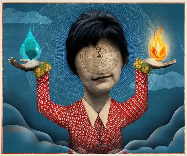 Illustration of a woman with no eyes, just a graphic question mark on her face. Her hands are outstretched and holding aloft a blue drop and a red flame. Illustration by Charlie Padgett, Conceptual, 