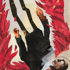 Illustration with a fallen angel with red wings, a bass line of music with 'Lowset' handwritten on it.. Illustration by Charlie Padgett, Figurative, Whimsical, 