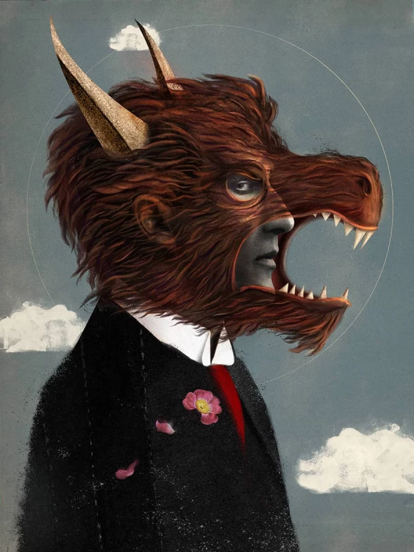 Illustration of a man whose face is overlayed by a growling, furry, horned animal. Illustration by Charlie Padgett, Conceptual, 