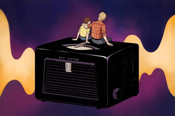 Illustration of a father and son sitting on a large, old-fashioned radio.. Illustration by Chuan Ming Ong, Conceptual, 
