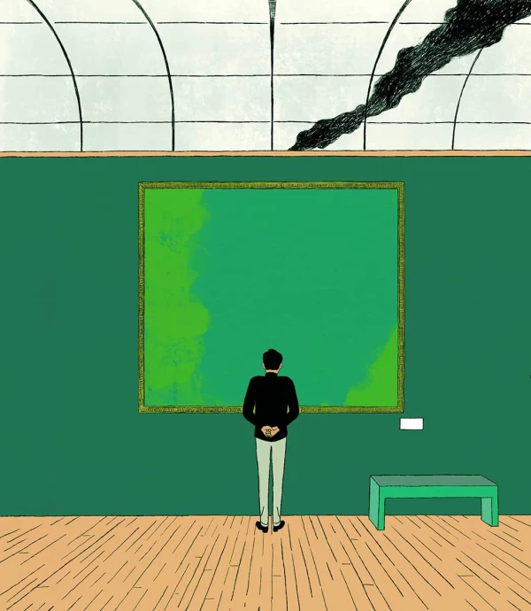 Illustration of a person standing in a museum in front of a green painting with a billowing black cloud in the background.. Illustration by Chuan Ming Ong, Conceptual, 