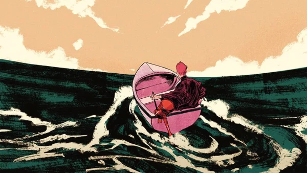 Illustration of a person in a black robe sailing a small boat with an outboard motor that is shaped like a gavel.. Illustration by Chuan Ming Ong, Conceptual, 