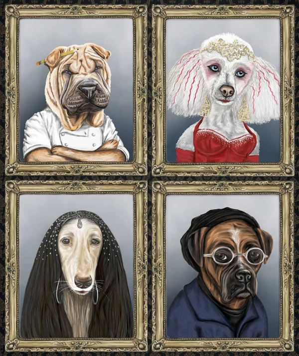 Illustration of 4 framed portraits of dogs who look like celebrities. Illustration by Connie Resch, Portrait, Whimsical, 