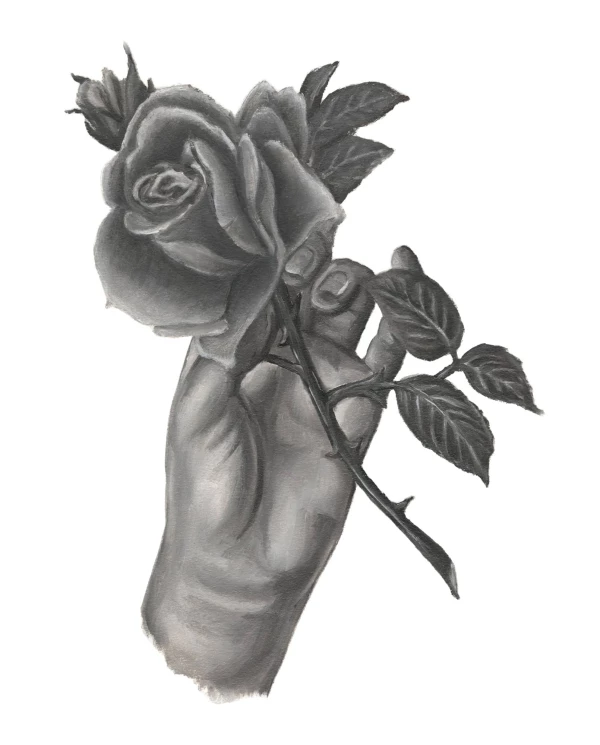 Black and white illustration of a hand holding a rose. Illustration by Connie Resch, Nature, 