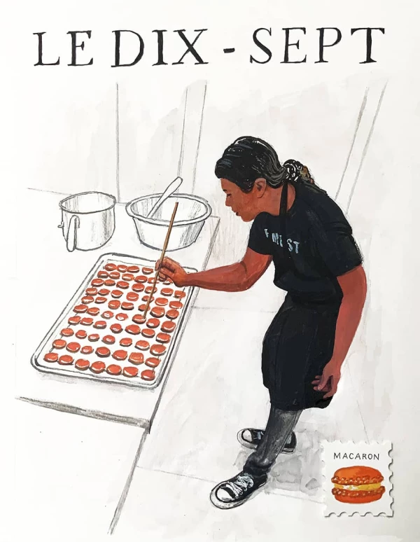 Illustration of a woman decorating a tray of macarons. Illustration by Dan Bransfield, Figurative, Lifestyle, Food & Beverage, 
