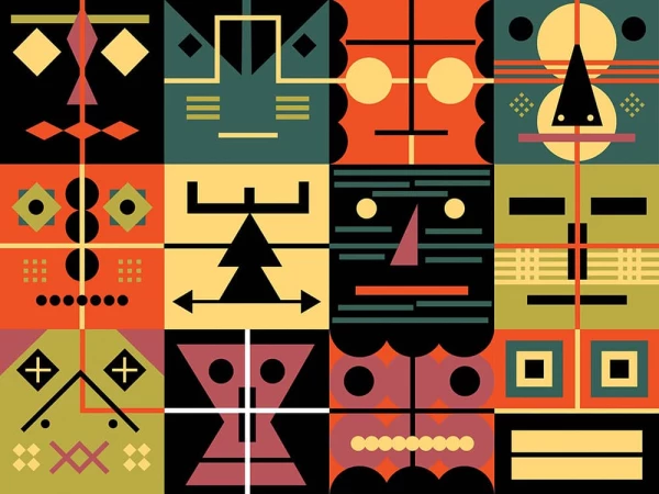 Abstract pattern of geometric faces. Illustration by Daniel Bueno, Decorative, Whimsical, 