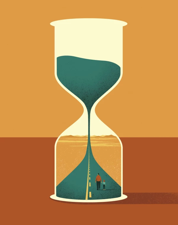 Illustration of a hourglass with the sand pouring into a scene of a road with two people. Illustration by Davide Bonazzi, Conceptual, 