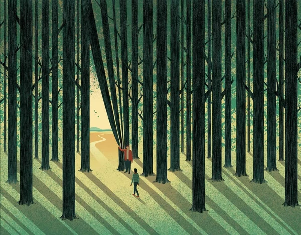 Illustration of two people in a dense forest and one person is pulling the trees back like a curtain showing a new path. Illustration by Davide Bonazzi, Conceptual, 