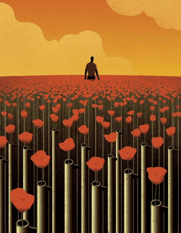 Illustration of a lone figure in a field of rifles that have poppies growing out of the barrels. Illustration by Davide Bonazzi, Conceptual, 