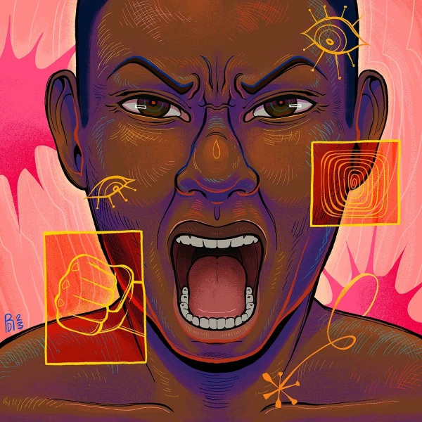 Illustration of a closesup of a Black person yelling with a vibrant background and decorative elements like eyes, spirals and a fist. Illustration by Dominique Ramsey, Figurative, 