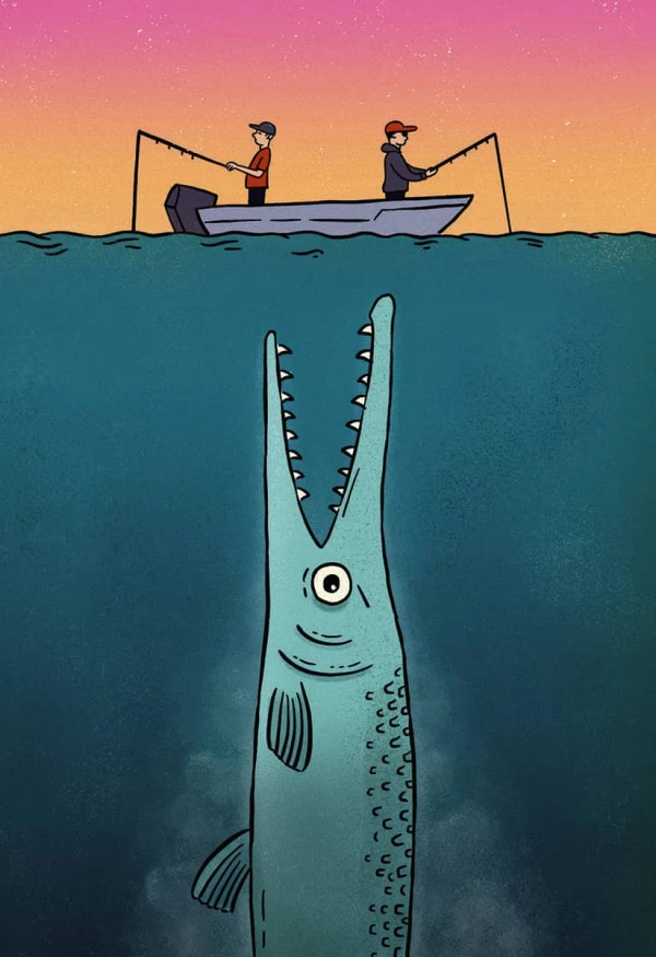 Illustration of two men on a boat fishing, neither realizing that there is a giant fish about to eat them.. Illustration by Drue Wagner, Conceptual, Whimsical, 