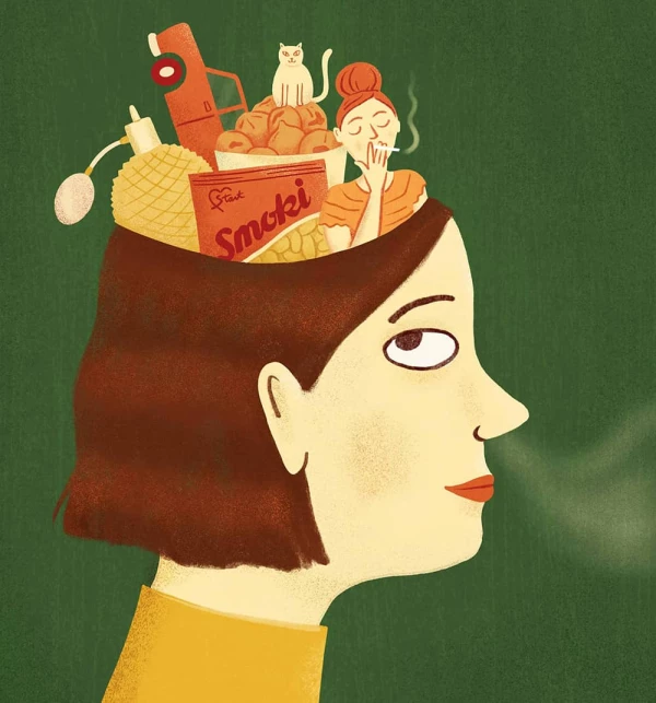 Illustration of a woman with the top of her head open and full of random items including a perfume bottle, a cat, a car and a person smoking. Illustration by Drue Wagner, Conceptual, Lifestyle, 