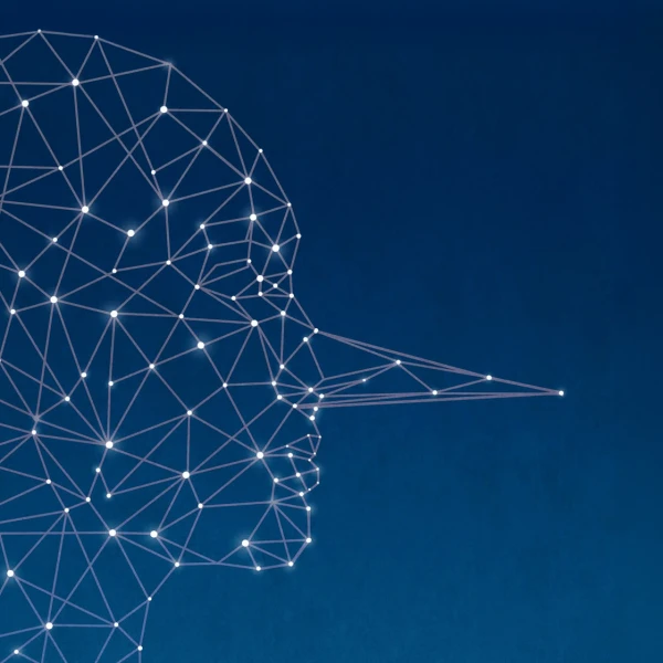 Graphic illustration of a face created out of a grid with a very long nose