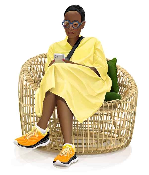 Image of a stylish Black woman sitting in a wicker chair, looking at her phone.. Illustration by Ellen Marello, Lifestyle, Figurative, Portrait, 