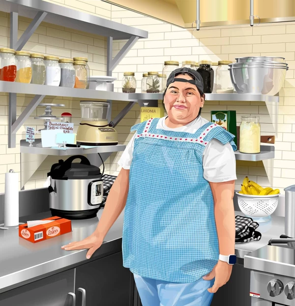 Digital image of a young, smiling woman standing in a commercial kitchen.. Illustration by Ellen Marello, Lifestyle, Figurative, Food & Beverage, Portrait, 