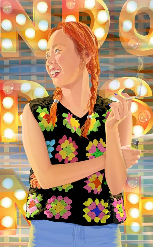 Vibrant image of young woman smoking a cigarette in front of electric letters. Illustration by Ellen Marello, Whimsical, Lifestyle, Figurative, 