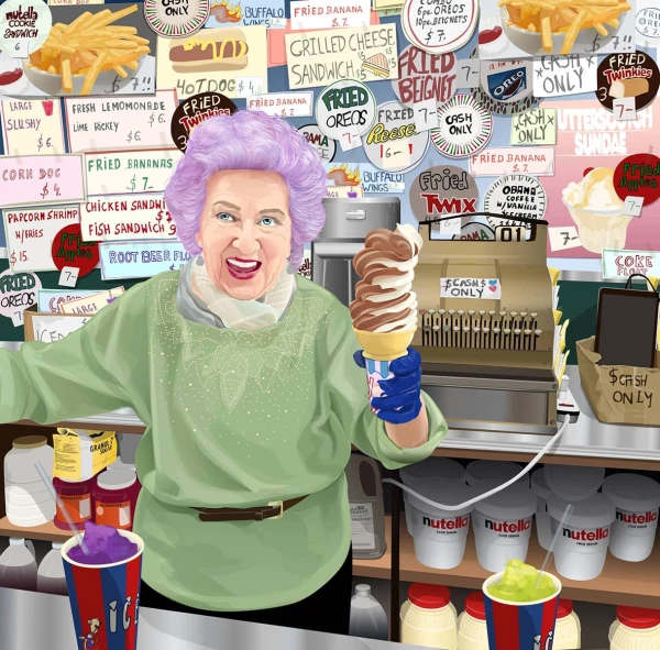 Image of an older woman with purple hair holding a soft-servce ice cream in RayÆs Candy Store. Illustration by Ellen Marello, Whimsical, Lifestyle, Figurative, Portrait, 