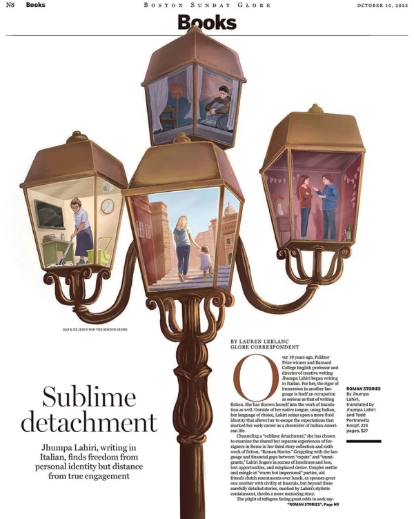 Illustration of an old-fashioned lamppost, with scenes of people inside the glass.. Illustration by Gab K De Jesus, Lifestyle, 