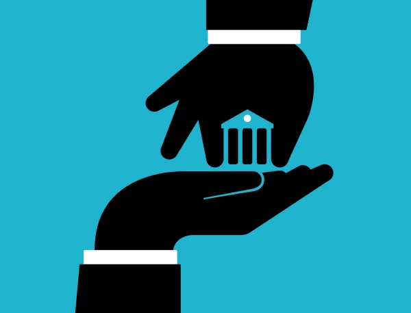 Graphic image of one hand giving another hand a small bank building. Illustration by Giulio Bonasera, Conceptual, 