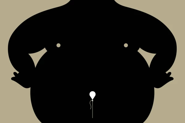 Graphic image of a person with a bloated stomach and the belly button is a balloon. Illustration by Giulio Bonasera, 
