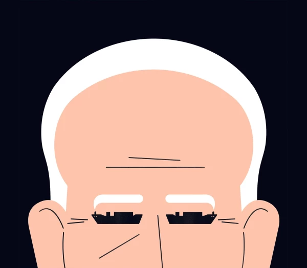 Graphic image of Biden with container ships as eyes. Illustration by Giulio Bonasera, Conceptual, 