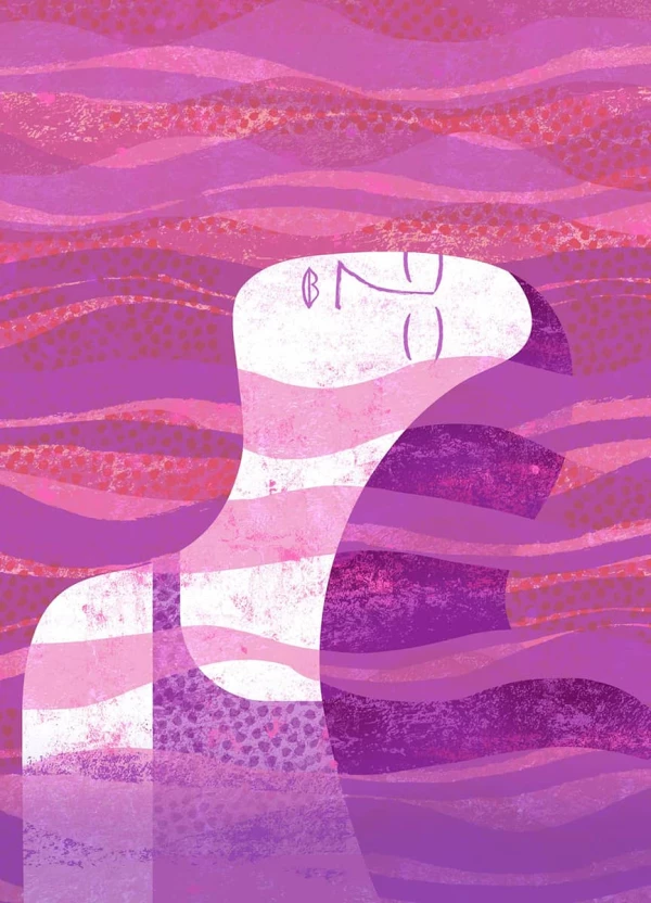 Abstract image of woman floating in pink waves. Illustration by James O’Brien, Decorative, Lifestyle, Whimsical, Figurative, 