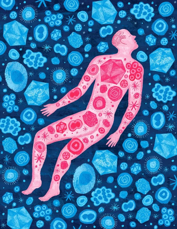 Stylized image of a man with different red shapes drawn on his body, floating through a sea of blue shapes. Illustration by James O’Brien, Conceptual, Lifestyle, Figurative, 