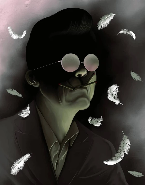 Dark, moody illustration of a man in shadows wearing reflective glasses and smoking multiple cigarettes with floating feathers in the background.. Illustration by Jay Torres, Figurative, 