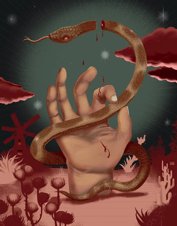 Illustration of a disembodied hand gingerly holding a beheaded snake. Illustration by Jay Torres, Conceptual, 